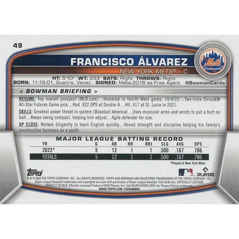 2023 Bowman Francisco Alvarez RC #49 New York Mets